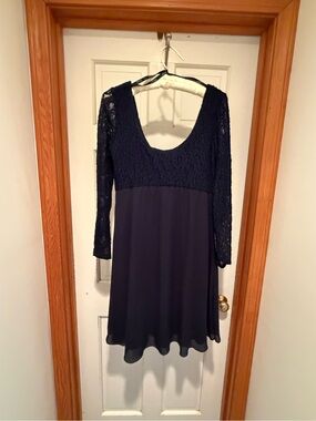 JS Collections Navy Lace Bodice Long Sleeve A-Line Dress